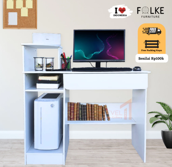 Monstera Meja Komputer CPU / Meja Kerja Laci Keyboard / Meja Kantor Serbaguna / Meja Gaming Minimalis Multifungsi Estetik / Office Desk / Gaming Desk - White