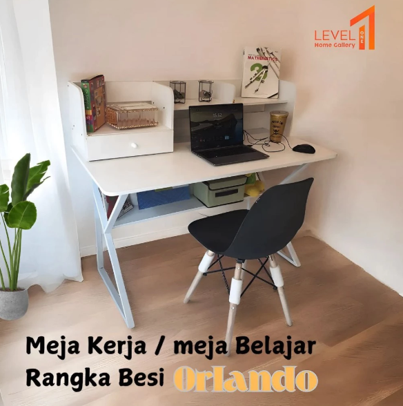 Meja Orlando Uk JUMBO 120 x 60 Top 15mm Rangka kaki besi | Meja Belajar | Meja Kantor | Meja Gaming Minimalis Estetik | Meja Tulis - Light Sonoma