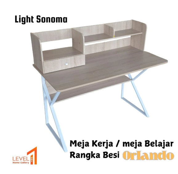 Meja Orlando Uk JUMBO 120 x 60 Top 15mm Rangka kaki besi | Meja Belajar | Meja Kantor | Meja Gaming Minimalis Estetik | Meja Tulis - Light Sonoma