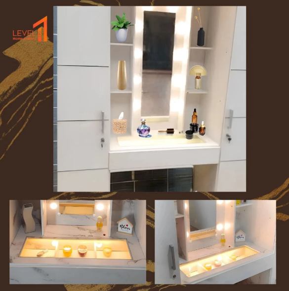 Meja Rias Lemari Hollywood 2 Pintu Marble Multifungsi 2 in 1 Top Meja Kaca Tembus Pandang Transparan 10 Lampu LED 3 Warna Bohlam Minimalis Estetik Mewah Premium Exclusive Murah