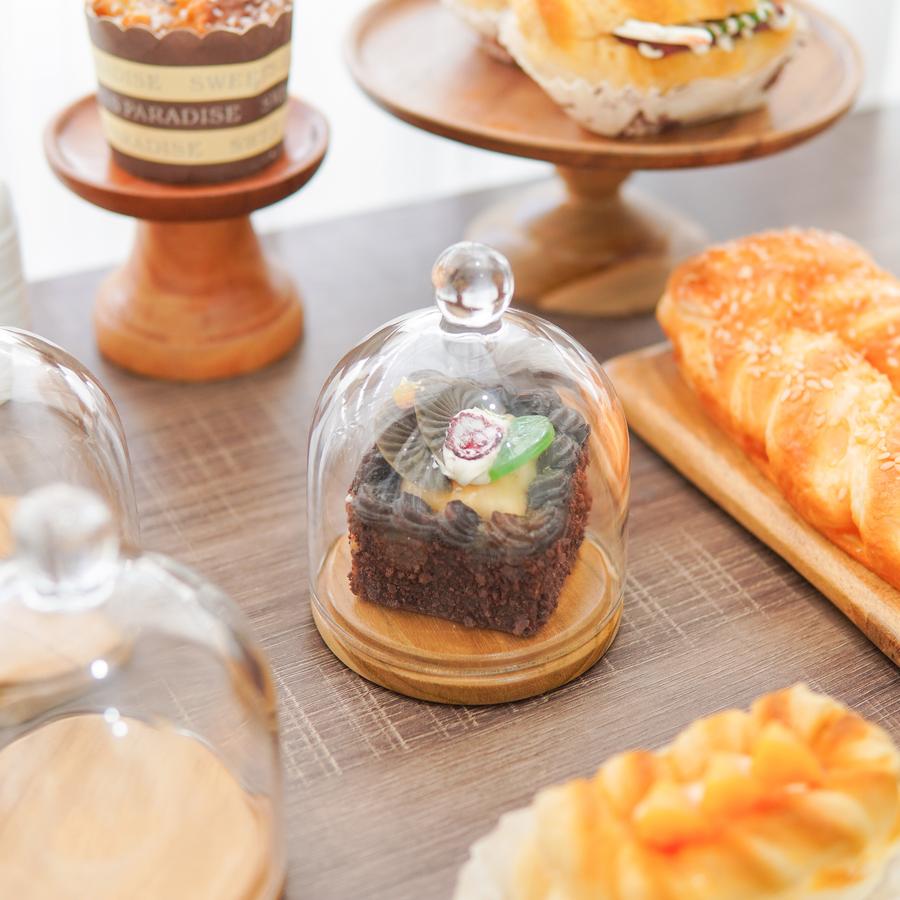 Piring Saji Kayu Jati + Glass Dome / Piring Saji Kue / Cake Stand