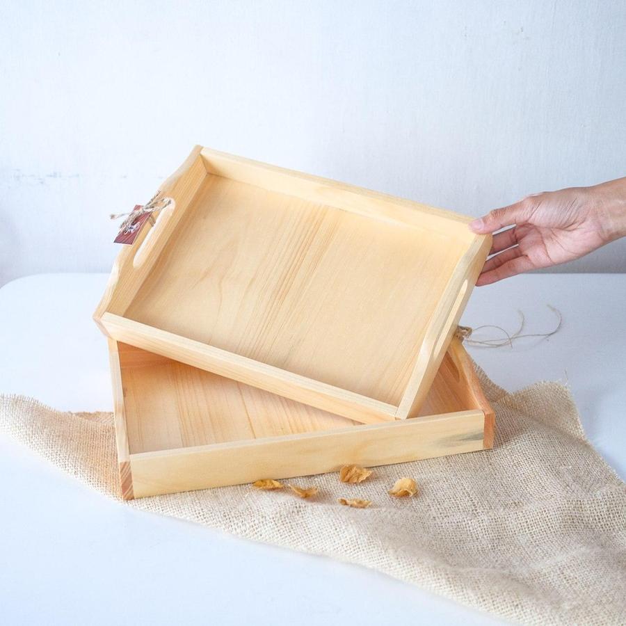 Nampan Kayu Pinus Handle Dekayu | Wooden Tray Natural | Baki Kayu