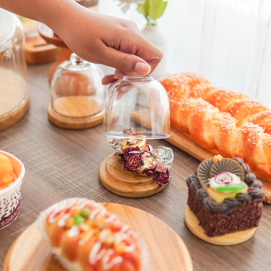 Piring Saji Kayu Jati + Glass Dome / Piring Saji Kue / Cake Stand