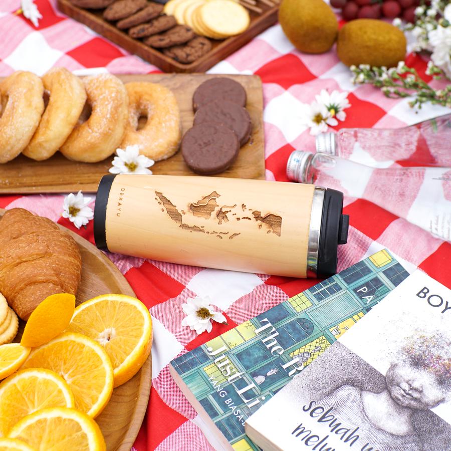 Wooden Tumblr Dekayu | Botol Minum Peta 370ml | Termos dengan Grafir