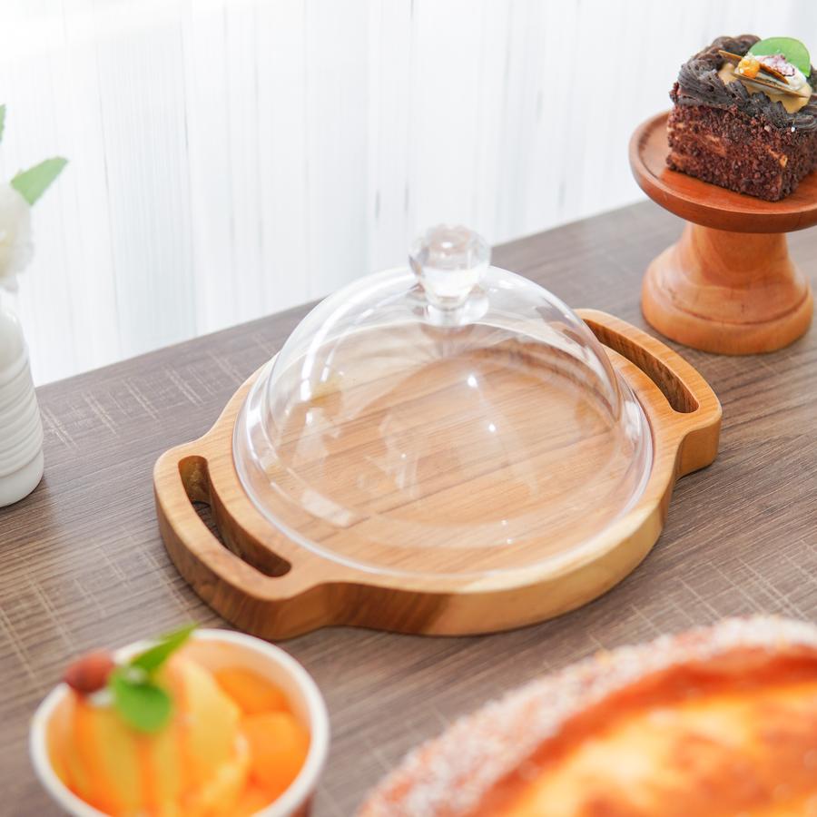 Piring Saji Kayu Jati + Acrilic | Piring Saji Kue | Cake Stand | Tempat Display Kue