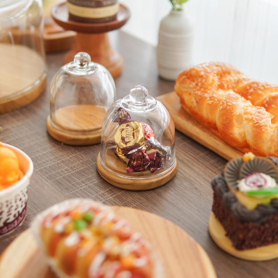 Piring Saji Kayu Jati + Glass Dome / Piring Saji Kue / Cake Stand