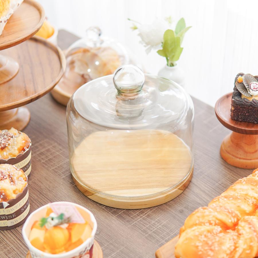 Piring Saji Kayu Jati + Glass Dome / Piring Saji Kue / Cake Stand