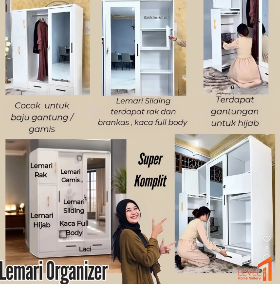 Inara Lemari Pakaian Besi 4 Pintu Baju Panjang LongDress Hijab Gamis Lemari Organizer ukuran 2 meter Jumbo Minimalis Estetik