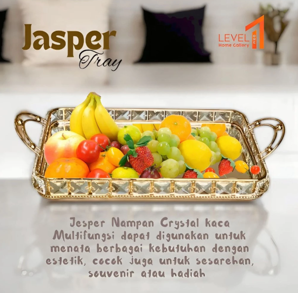 Jasper JT-01 Tray Mirror Gold Crystal | Nampan Persegi Panjang Emas | Skincare Tray Cermin Estetik Dengan Gagang