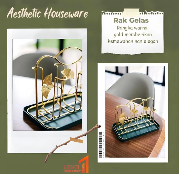Lunara Rak Gelas Gold 6 Slot Cup Holder Premium Mewah | Rak Gelas Minimalis Estetik Elegant