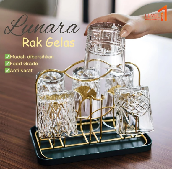 Lunara Rak Gelas Gold 6 Slot Cup Holder Premium Mewah | Rak Gelas Minimalis Estetik Elegant