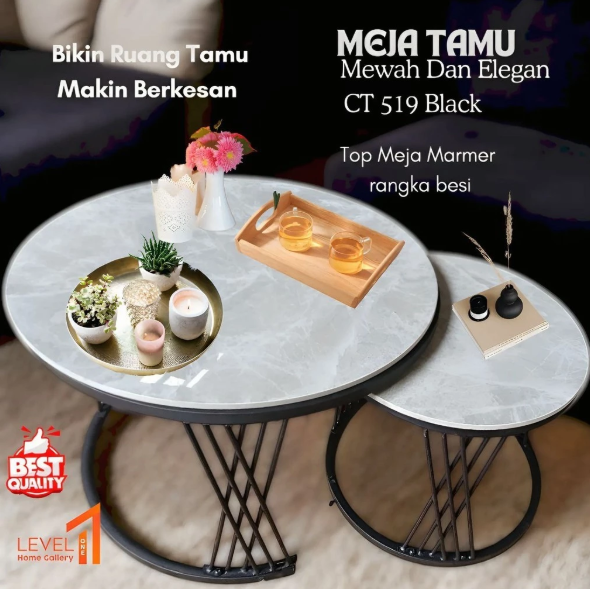Meja Tamu Bulat Mewah CT 519 HS Black Bahan Granit Marmer | Coffee Table Granit Premium Elegan Estetik