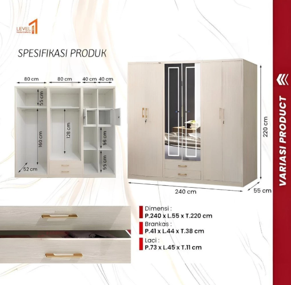Lemari Pakaian Besi Jumbo London 6 Pintu Lampu Touchscreen Premium Mewah | Lemari Pakaian Besi Jumbo 5 Pintu Lampu
