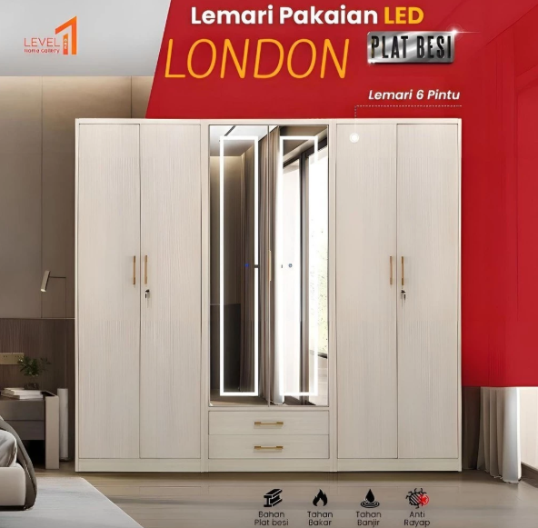 Lemari Pakaian Besi Jumbo London 6 Pintu Lampu Touchscreen Premium Mewah | Lemari Pakaian Besi Jumbo 5 Pintu Lampu