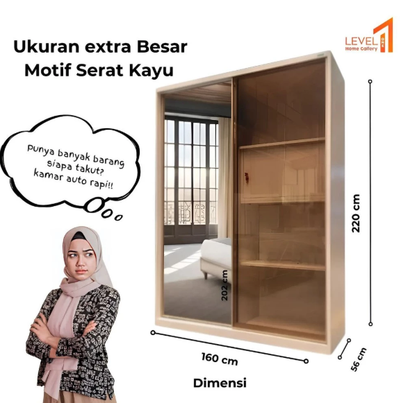 Kimberly Series Lemari Besi 2 Pintu Jumbo Motif Serat Kayu | Lemari Besi 2 Pintu Cermin Minimalis Estetik Anti Jamur Anti Rayap