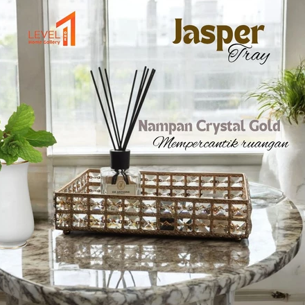 Jasper JT-02 Tray Mirror Gold Crystal | Nampan Persegi Panjang Emas | Skincare Tray Cermin Estetik Dengan Gagang
