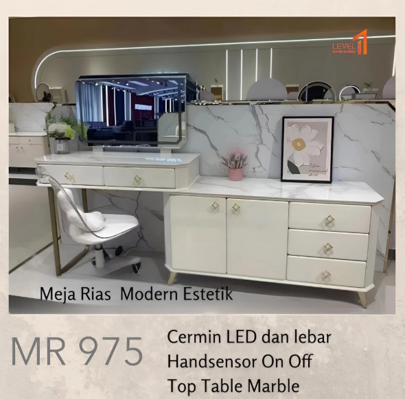 Meja Rias Make Up Table Import Lampu Cermin Kaca LED 3 Warna Hand Sensor Wave Premium Eksklusif Minimalis Estetik Mewah Set Kursi