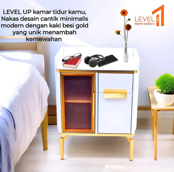 Nakas Bedside Table Meja Samping Tempat Tidur Dua Laci Kaki Besi Gold Modern Minimalis Estetik Mewah Premium