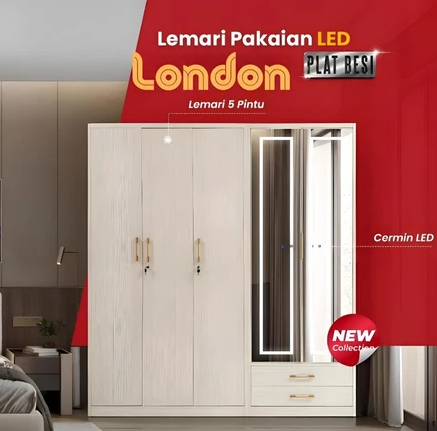 Lemari Pakaian Besi Jumbo London 6 Pintu Lampu Touchscreen Premium Mewah | Lemari Pakaian Besi Jumbo 5 Pintu Lampu