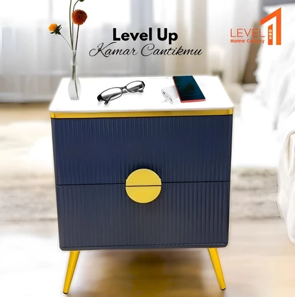 Nakas Bedside Table Meja Samping Tempat Tidur Dua Laci Kaki Besi Gold Modern Minimalis Estetik Mewah Premium