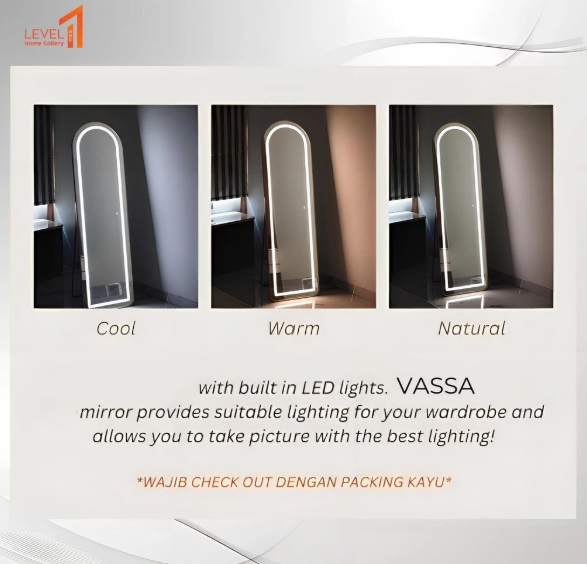 Vassa Standing Mirror LED Cermin Full Body LED Lampu 3 Warna Aesthetic | Cermin Lampu 3 Warna | Cermin Make Up - Oval Jumbo