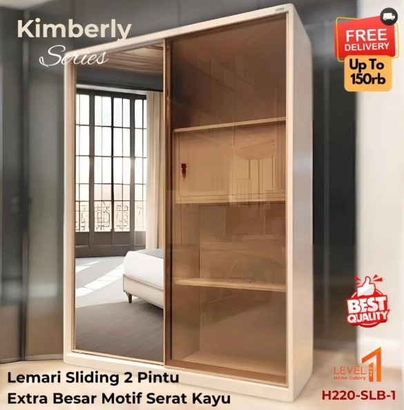 Kimberly Series Lemari Besi 2 Pintu Jumbo Motif Serat Kayu | Lemari Besi 2 Pintu Cermin Minimalis Estetik Anti Jamur Anti Rayap