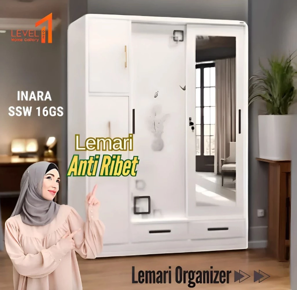 Inara Lemari Pakaian Besi 4 Pintu Baju Panjang LongDress Hijab Gamis Lemari Organizer ukuran 2 meter Jumbo Minimalis Estetik