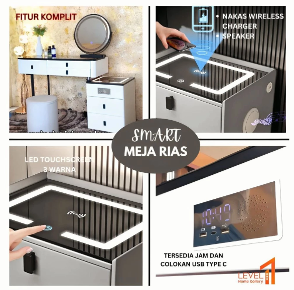 Smart Meja Rias 1908 Make Up Table Import Lampu LED 3 Warna Touchscreen Bluetooth Speaker USB Port Modern Mewah Premium - 1908 LED TS Mirror