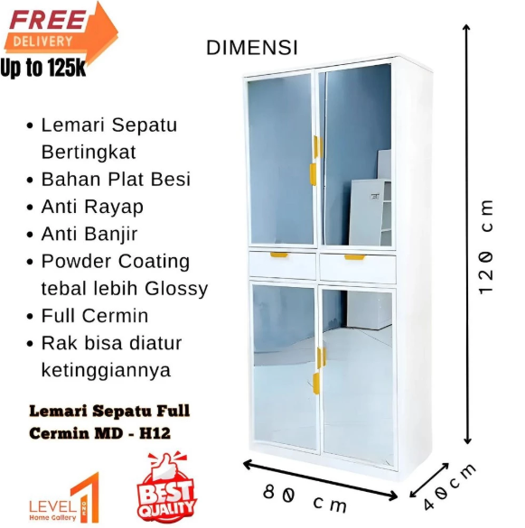 Rak Sepatu MD-H18 Plat Metal Besi Full Cermin Minimalis | Lemari Sepatu Serbaguna Estetik Mewah
