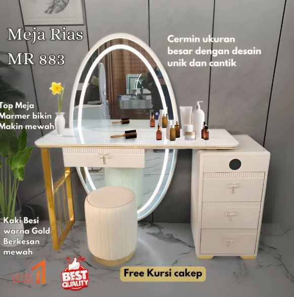 Meja Rias Import LED Touchscreen Type 883 Kaca Sentuh Jumbo I Meja Make Up Import Table Marmer Kaki Gold Kaca Lampu Uk 80 I 100
