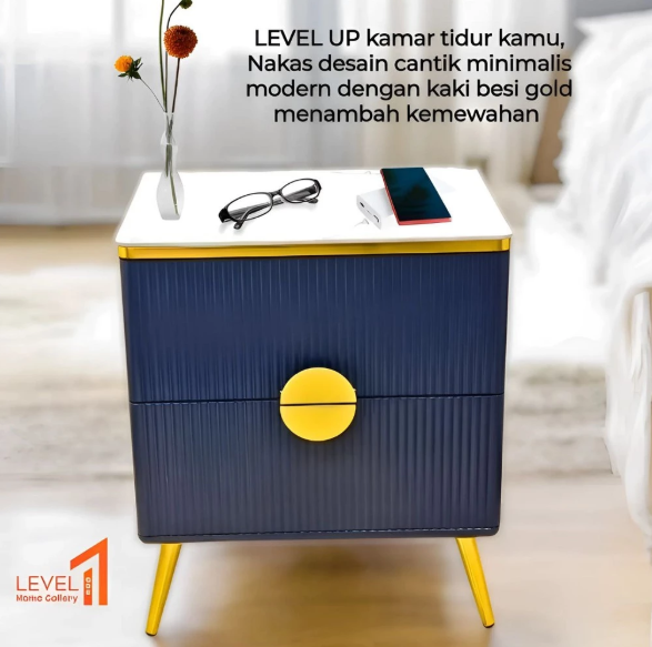Nakas Bedside Table Meja Samping Tempat Tidur Dua Laci Kaki Besi Gold Modern Minimalis Estetik Mewah Premium