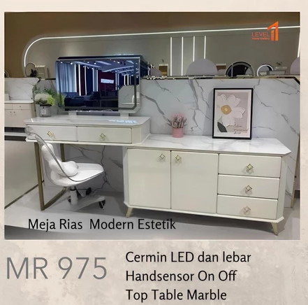 Meja Rias Make Up Table Import Sudut L Lampu Cermin Kaca LED 3 Warna Hand Sensor Wave Touchscreen Sentuh Premium Eksklusif 