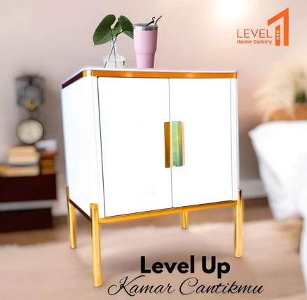 Nakas Bedside Table Meja Samping Tempat Tidur Dua Laci Kaki Besi Gold Modern Minimalis Estetik Mewah Premium