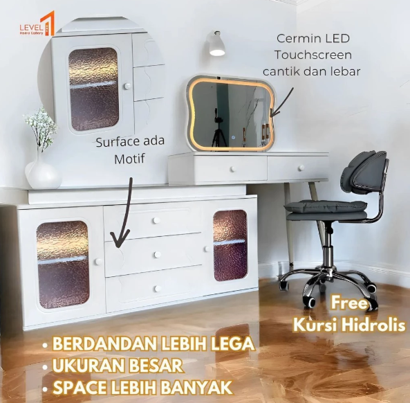 Meja Rias Make Up Table Import Sudut L Lampu Cermin Kaca LED 3 Warna Hand Sensor Wave Touchscreen Sentuh Premium Eksklusif 