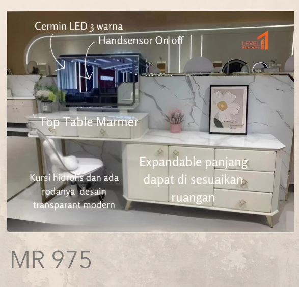 Meja Rias Make Up Table Import Lampu Cermin Kaca LED 3 Warna Hand Sensor Wave Premium Eksklusif Minimalis Estetik Mewah Set Kursi