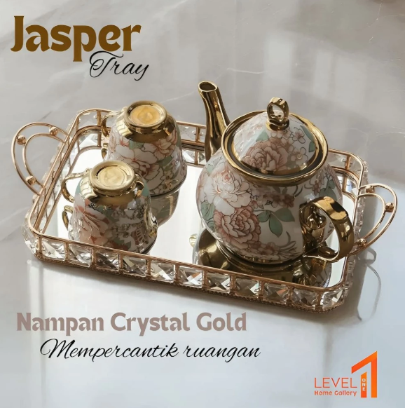 Jasper JT-01 Tray Mirror Gold Crystal | Nampan Persegi Panjang Emas | Skincare Tray Cermin Estetik Dengan Gagang