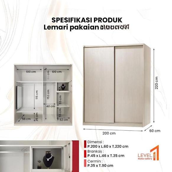 Lemari Pakaian Besi Jumbo Pintu Sleding Cermin Portable Mewah Premium