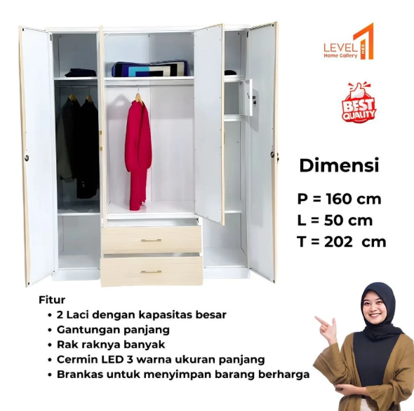 Aspen Series Lemari Besi 4 Pintu Jumbo Cermin LED 3 Warna | Lemari Besi 4 Pintu Minimalis Estetik Anti Jamur Anti Rayap