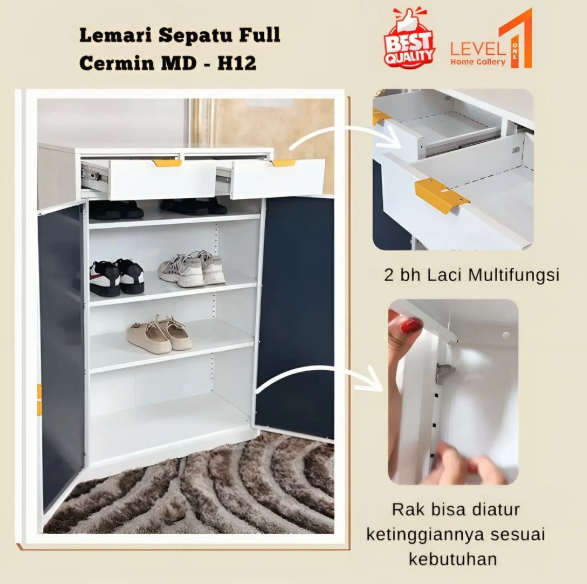 Rak Sepatu MD-H12 Plat Metal Besi Full Cermin Minimalis | Lemari Sepatu Serbaguna Estetik Mewah
