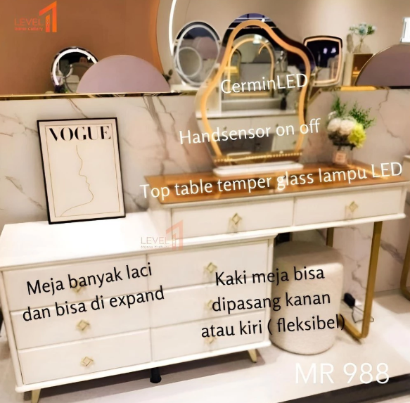 Meja Rias Make Up Table Import Lampu Cermin Kaca LED 3 Warna Hand Sensor Wave Premium Eksklusif Minimalis Estetik Mewah Set Kursi