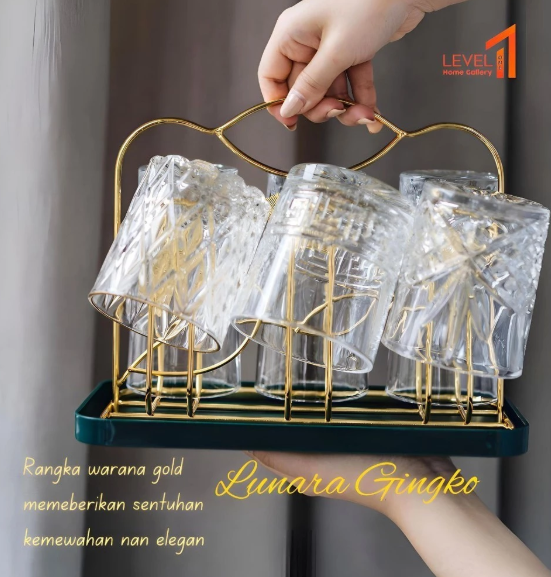 Lunara Rak Gelas Gold 6 Slot Cup Holder Premium Mewah | Rak Gelas Minimalis Estetik Elegant
