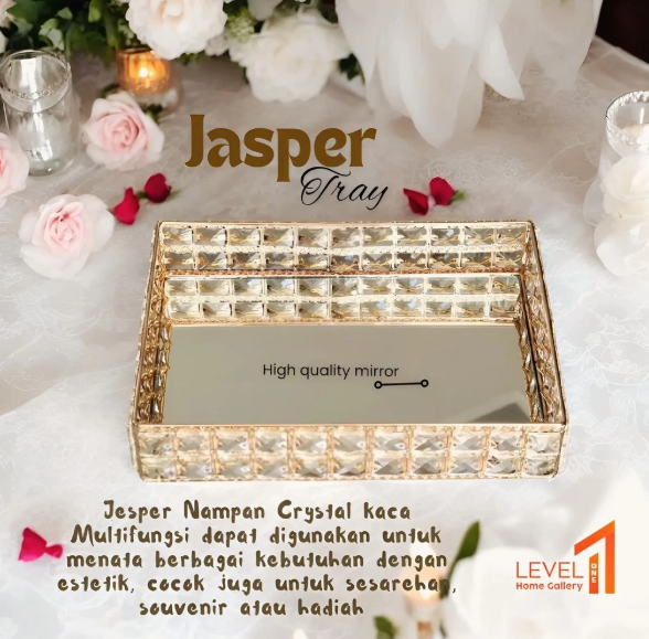 Jasper JT-02 Tray Mirror Gold Crystal | Nampan Persegi Panjang Emas | Skincare Tray Cermin Estetik Dengan Gagang