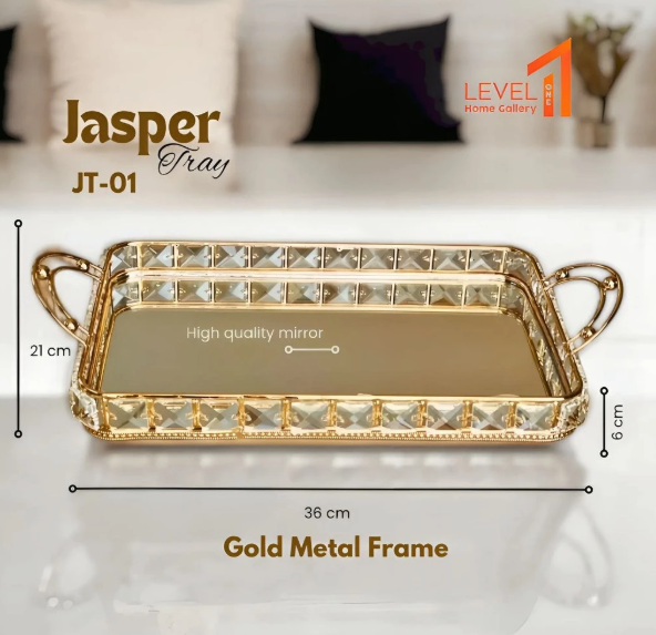 Jasper JT-01 Tray Mirror Gold Crystal | Nampan Persegi Panjang Emas | Skincare Tray Cermin Estetik Dengan Gagang