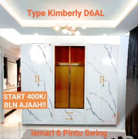 Lemari besi Kimberly lemari premium mewah 4 pintu 6 pintu lampu LED motif marble