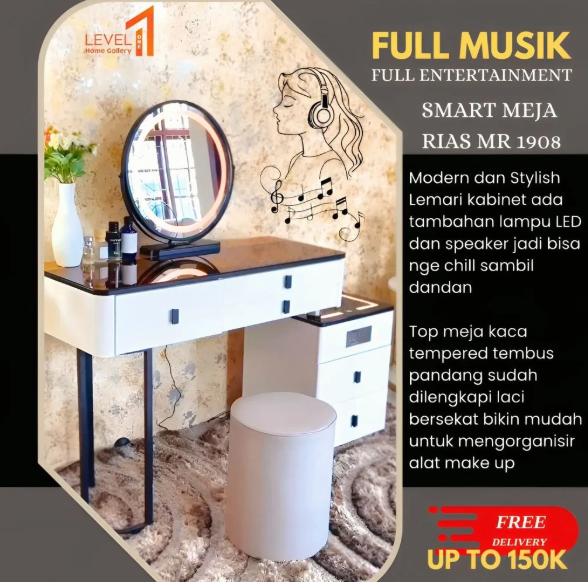 Smart Meja Rias 1908 Make Up Table Import Lampu LED 3 Warna Touchscreen Bluetooth Speaker USB Port Modern Mewah Premium - 1908 LED TS Mirror