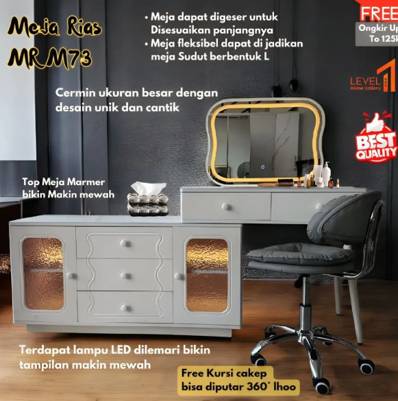 Meja Rias Make Up Table Import Sudut L Lampu Cermin Kaca LED 3 Warna Hand Sensor Wave Touchscreen Sentuh Premium Eksklusif 
