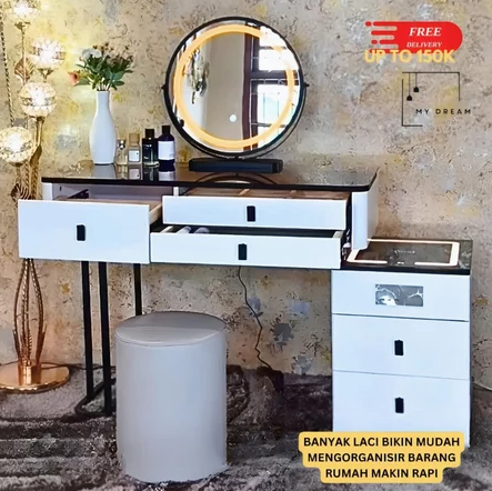 Smart Meja Rias 1908 Make Up Table Import Lampu LED 3 Warna Touchscreen Bluetooth Speaker USB Port Modern Mewah Premium - 1908 LED TS Mirror