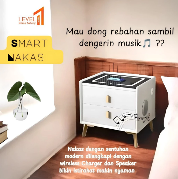Smart Nakas Bedside Table Meja Samping Tempat Tidur Dua Laci LED Wireless Charging Bluetooth Speaker Music Modern Minimalis Estetik