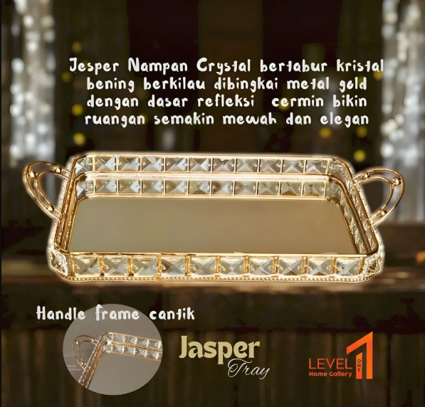 Jasper JT-01 Tray Mirror Gold Crystal | Nampan Persegi Panjang Emas | Skincare Tray Cermin Estetik Dengan Gagang