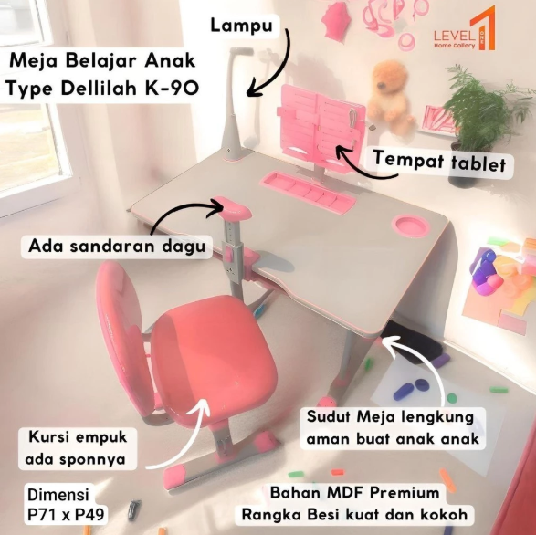 Meja Belajar Anak Dellilah Besi | Meja Belajar Anak Import Eksklusif Mewah | Meja Belajar Anak Estetik ada Lampu | Meja Belajar Anak